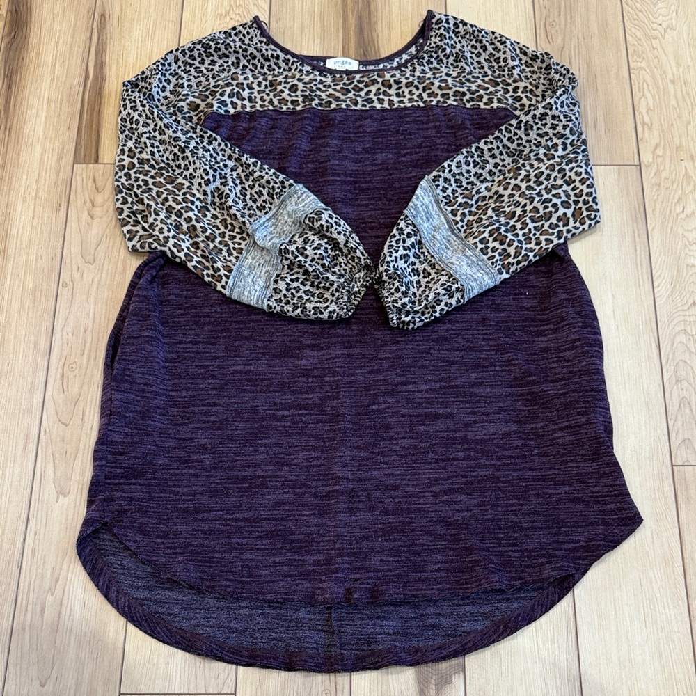 Umgee Leopard Print and Deep Purple Long Sleeve Top
